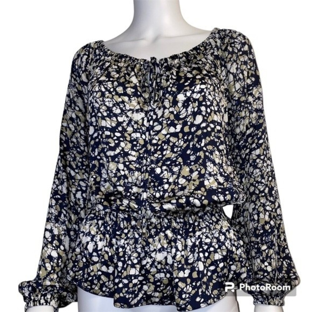 Michael Kors Navy Tan White Peplum Top Blouse Size S/P